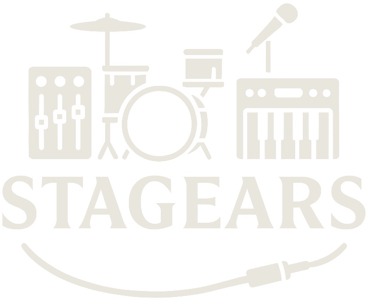 Stagears logo: mixer, drum kit and keyboard above the wordmark, with an instrument cable below